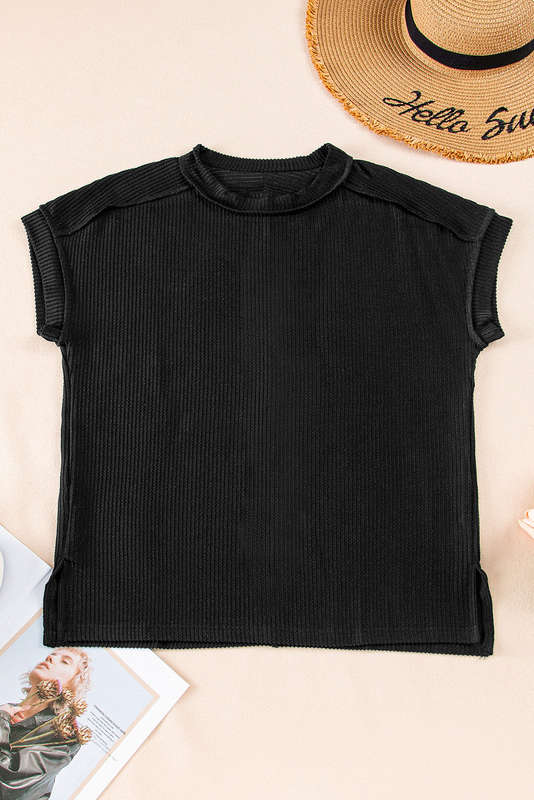Black Textured Knit Exposed Stitching T-shirt