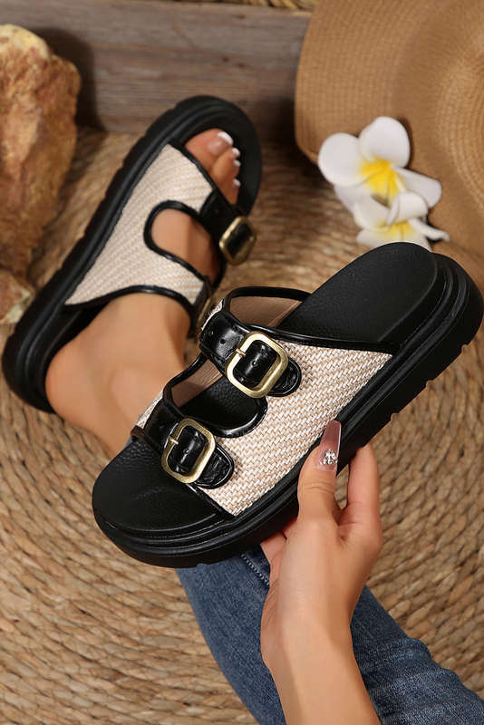 Black Woven Dual Buckle Platform Slippers
