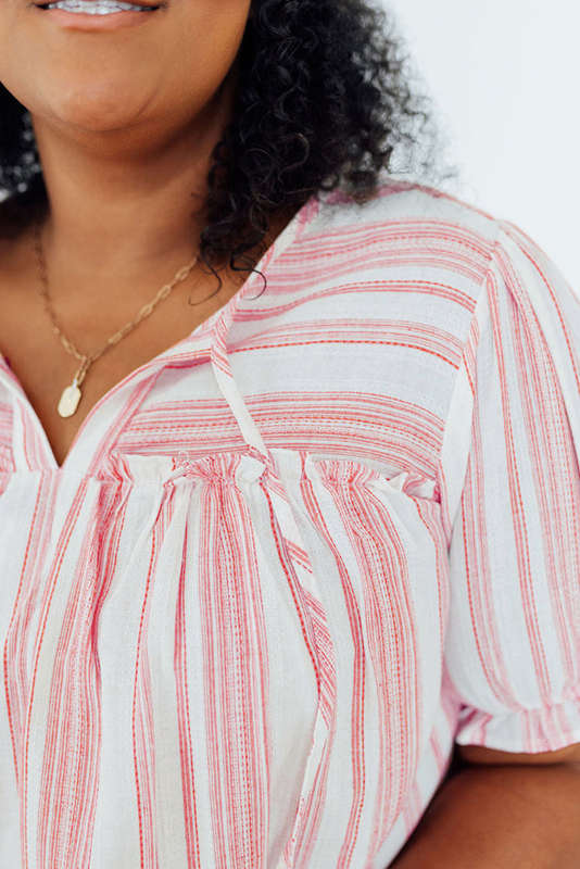 Pink Stripe Plus Size Tassel Tie Frilled Detail Short Sleeve Blouse