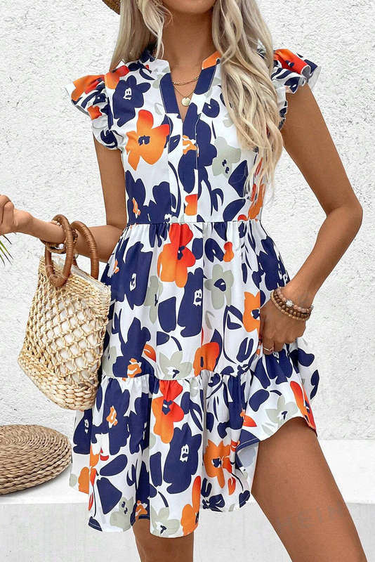 Orange Floral Print Notched Neck Flutter Sleeve Mini Dress