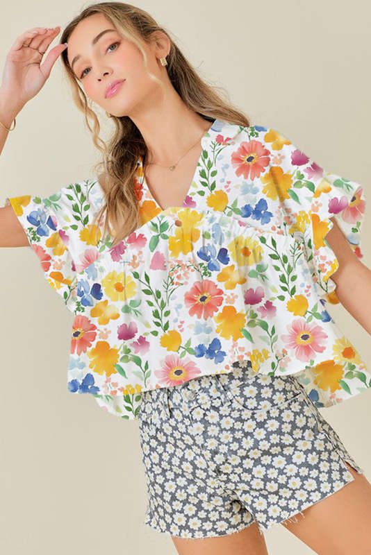 Yellow Floral Boxy Fit Ruffled Short Sleeve V Neck Blouse