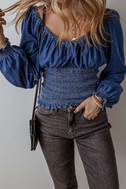 Blue V-Neck Knitted Summer Top with Exposed Seams