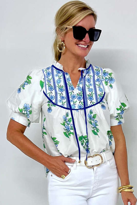 Beige Floral Print Piping Trim Tie Neck Short Sleeve Blouse