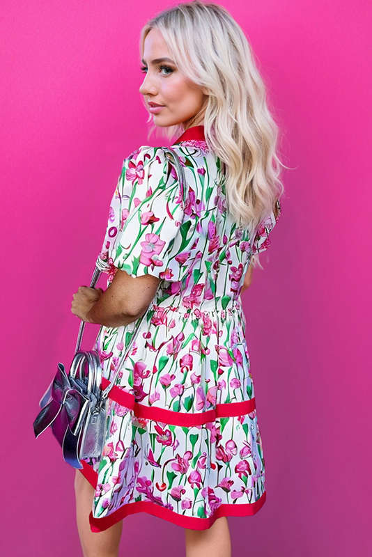 Pink Floral Print Contrast Trim V Neck Bubble Short Sleeve Babydoll Dress
