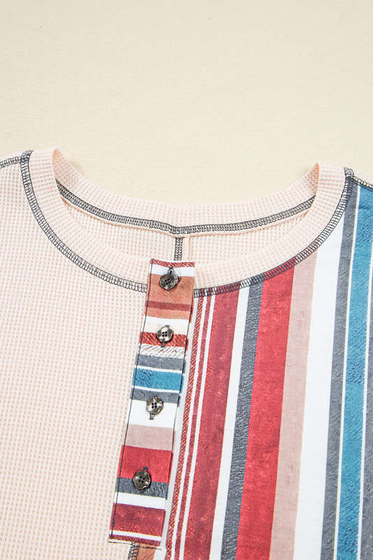 Beige Striped Waffle Patchwork Exposed Seam Raw Edge Casual Knit Top