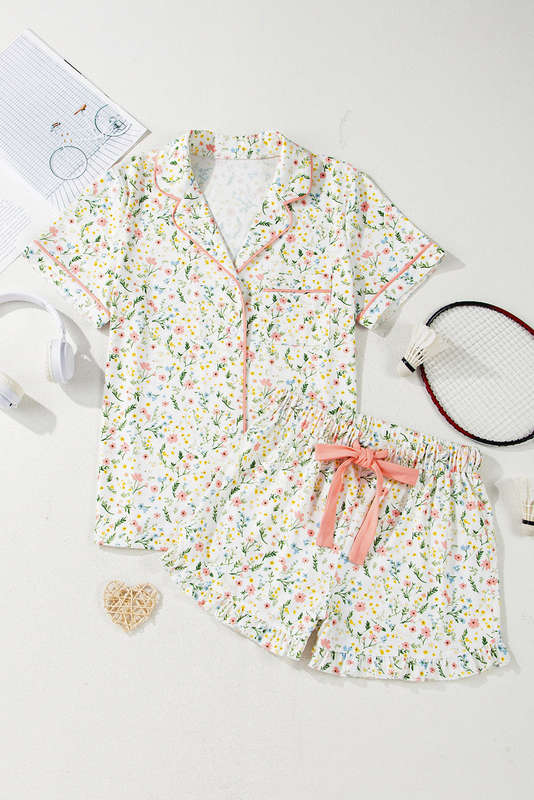 White Floral Print Contrast Pipping Short Pajamas Set