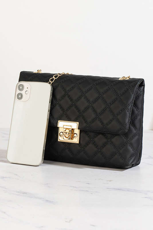 Black Textured PU Leather Gold Chain Buckle Single Shoulder Bag