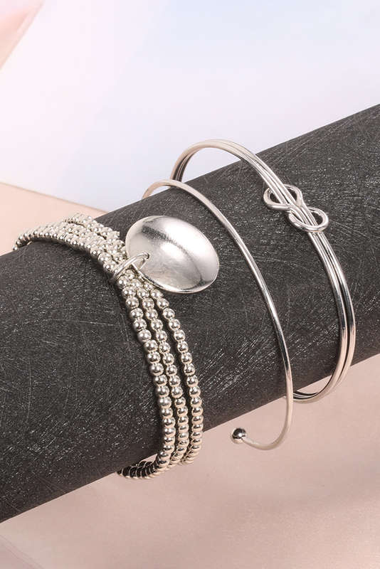 Silver Silver Knotted Beaded 3-piece Bracelet Set