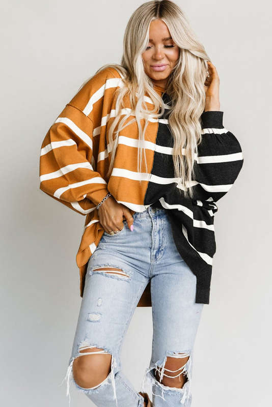 Stripe Oversized Contrast Printed Dropped Shoulder Top