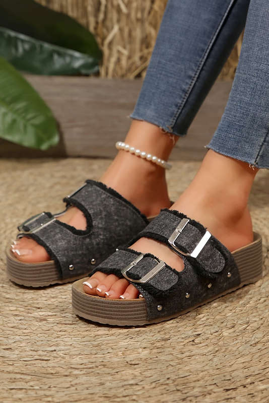 Black Double Buckle Straps Hollow Out Frayed Detial Retro Slippers