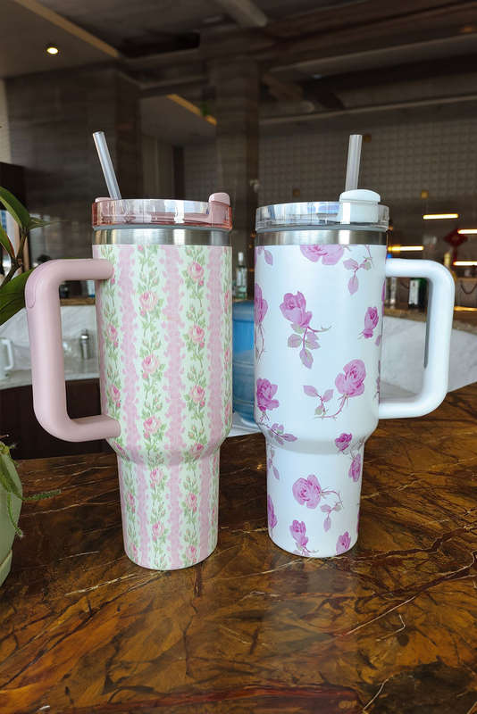 Pink Flower Print Large Insulated Tumbler with Handle 40oz