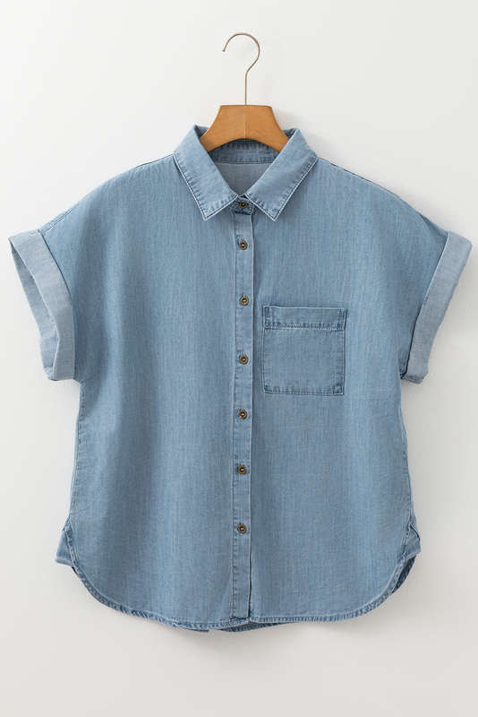 Blue V-Neck Knitted Summer Top with Exposed Seams