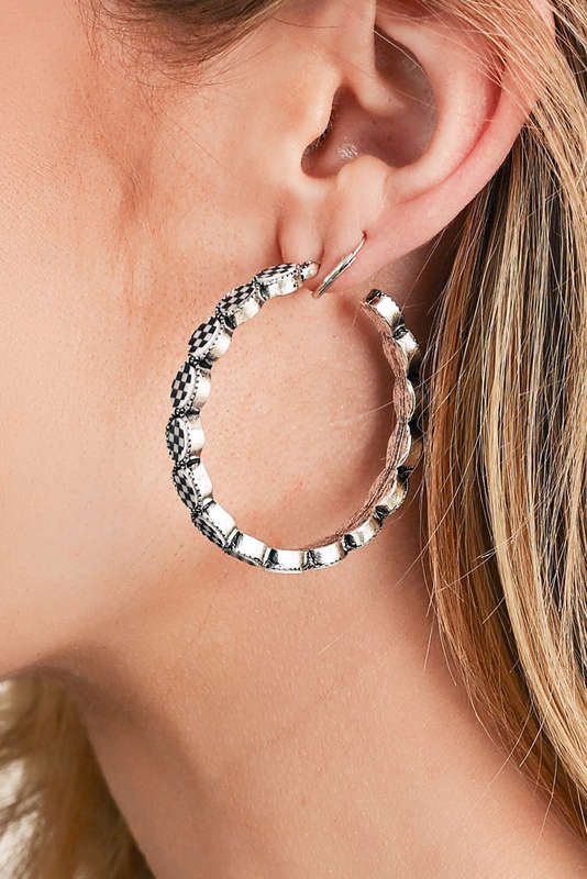 Black Retro Checkered Print Alloy Hoop Earrings
