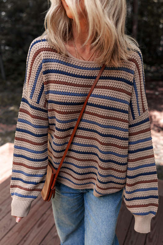 Multicolour Striped Knitted Drop Shoulder Round Neck Sweater