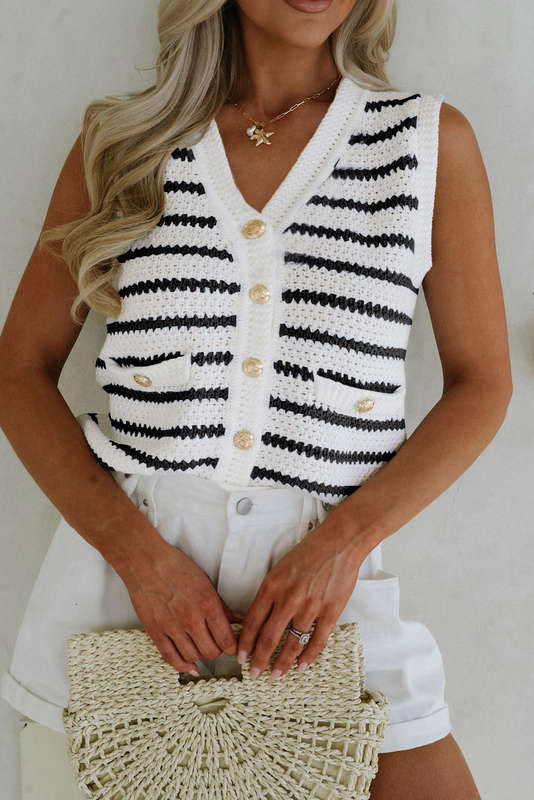 Black Stripe V Neck Gold Buttons Elegant Sweater Vest