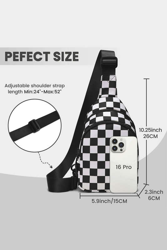 Black Checkered Print Zip Front Sling Backpack Crossbody Bag