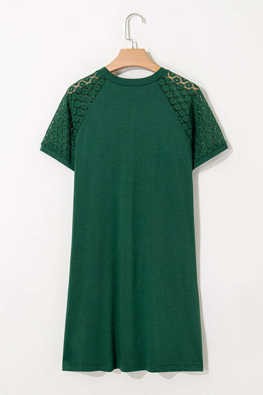 Green Contrast Lace Raglan Sleeve Pleated Detail Shift Dress