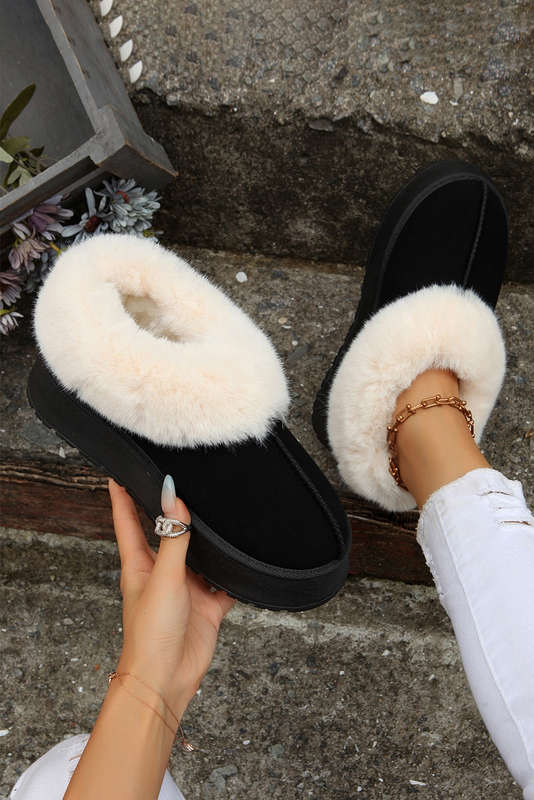 Black Plush Suede Trim Thick Sole Flat Snow Boots