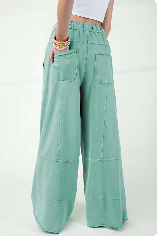 Mint Green Mineral Wash Exposed Seam Drawstring Elastic Waistband Wide Leg Cargo Pants