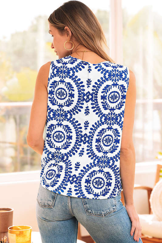 Blue Vintage Print Pintuck Crew Neck Tank Top
