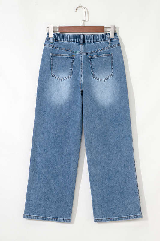 Stone Blue Star Patchwork Cropped Wide Leg High Waist Jeans