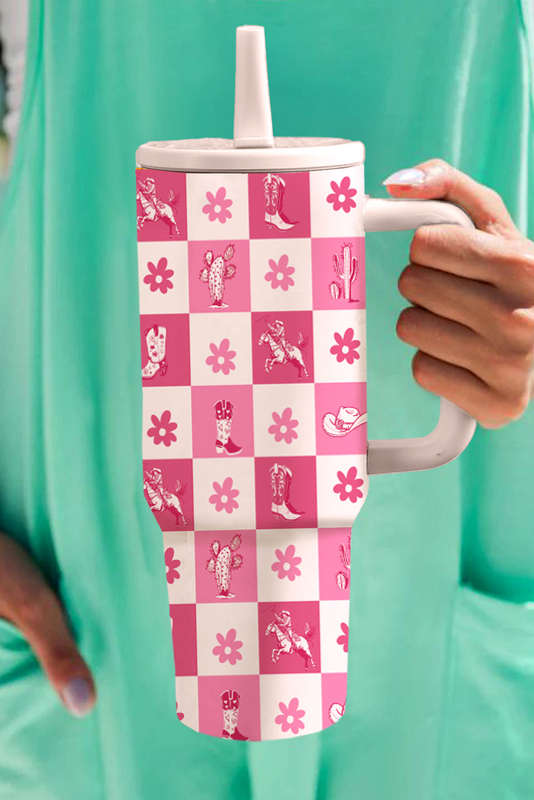 Rose Red Western Pattern Flower Checkered Print Insulated Tumbler 40OZ