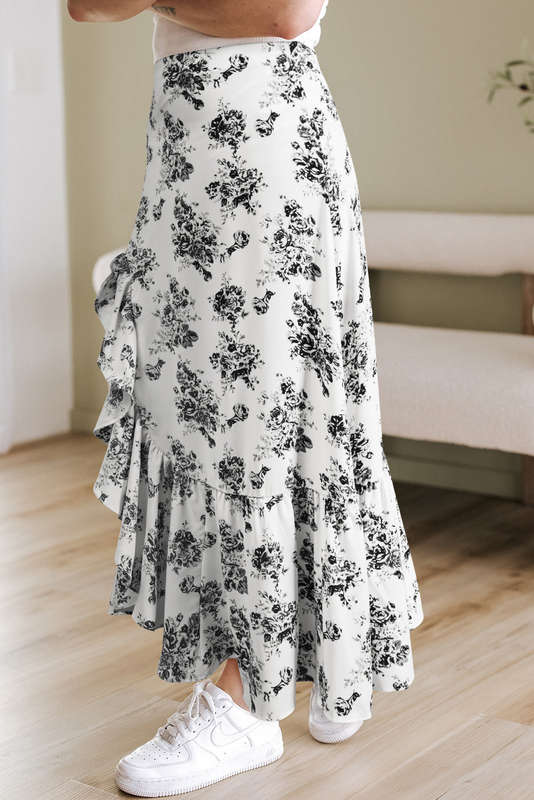 Black Boho Floral High Waist Ruffle Split Maxi Skirt
