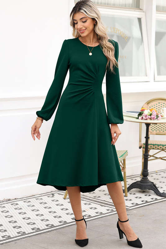 Blackish Green Solid Color Ruched Detail Long Sleeve Midi Dress
