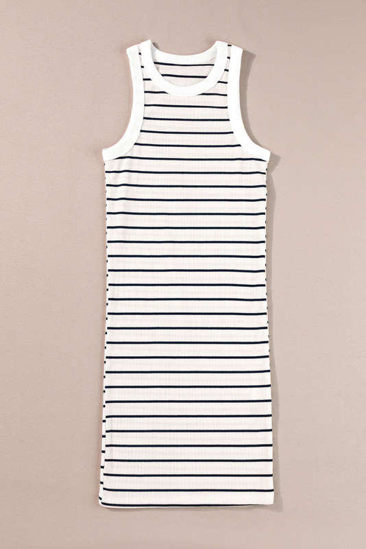White Stripe Ribbed Knit Tank Mini Dress