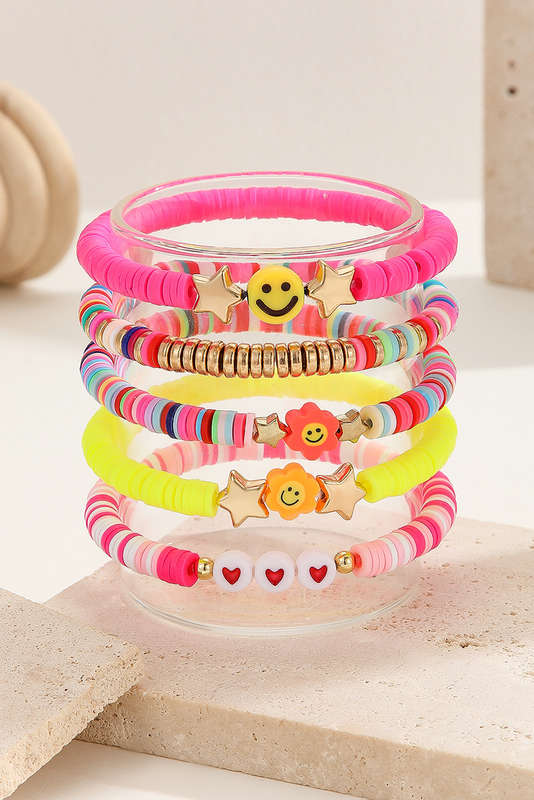 Bright Pink Smile Face Flower Beaded 5pcs Bracelet Set (Color of Flower May Vary)