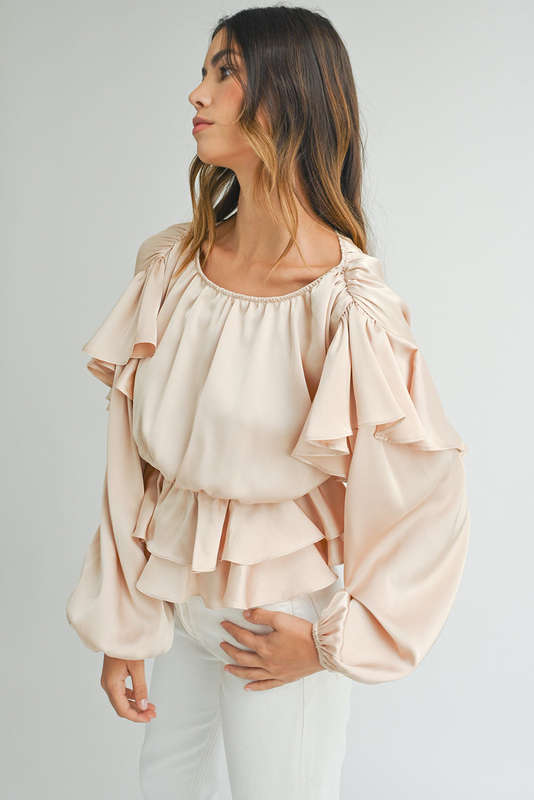 Oatmeal Lace-up Keyhole Back Ruffled Peplum Blouse
