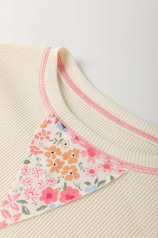 Beige Floral Patchwork Chest Pocket Wide Sleeve Waffle T Shirt