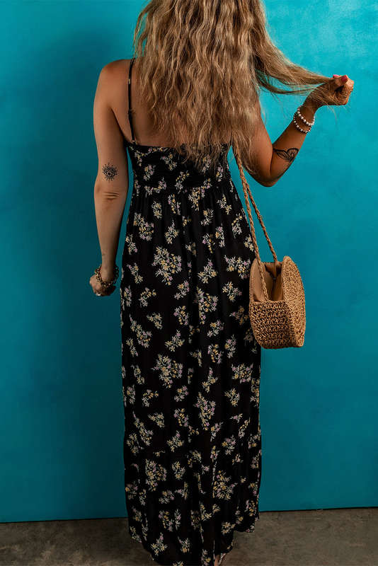 Black Floral Spaghetti Strap Shirred Bodice Tied Empire Waist Maxi Dress