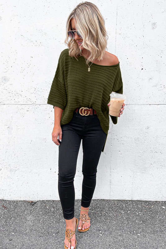 Green Textured Knit Drop Shoulder Short Sleeve Sweater