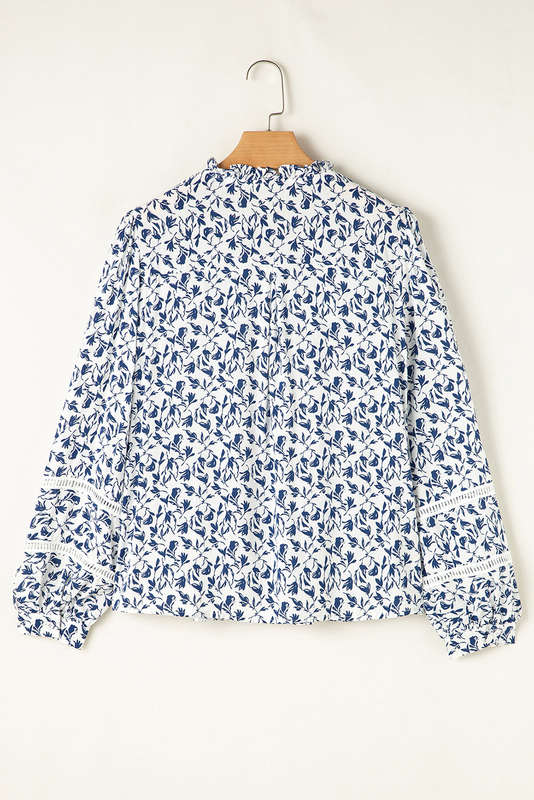 Blue Printed Lace Detail Floral Puff Sleeve Fall Shirt