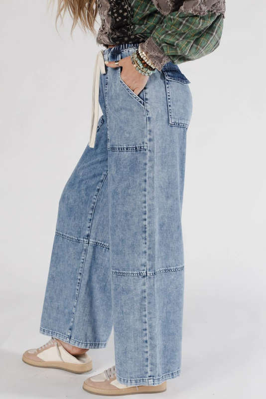 Ashleigh Blue Acid Wash Exposed Seam Drawstring Elastic Waistband Jeans