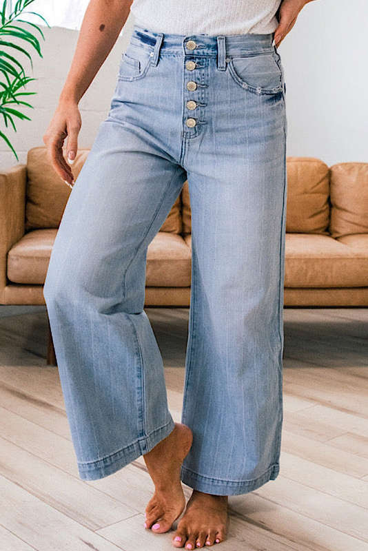 Beau Blue Multi Buttons Pinstripe Wide Leg Jeans