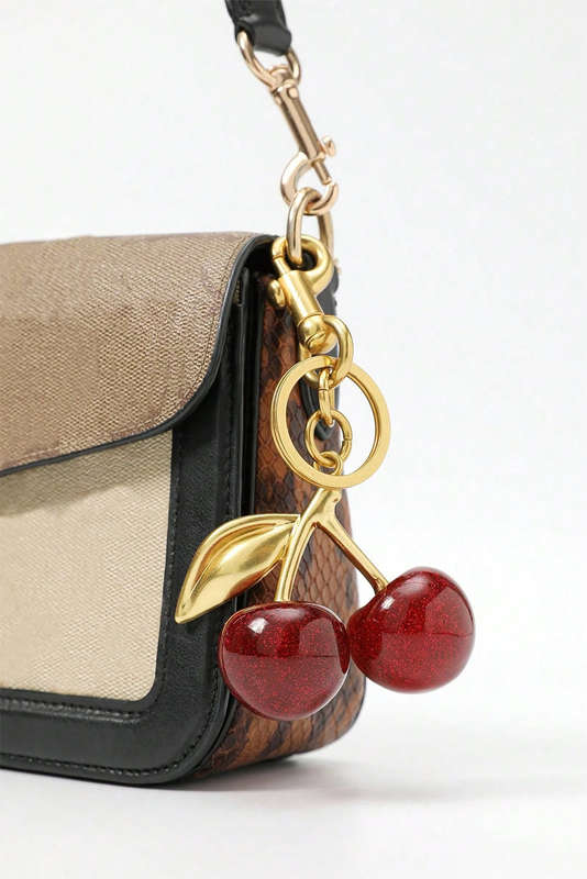 Gold Glitter Cherry Shape Plated Alloy Keychain