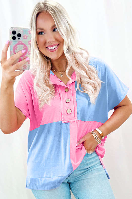 Myosotis Two Tone Half Buttons Collared T Shirt