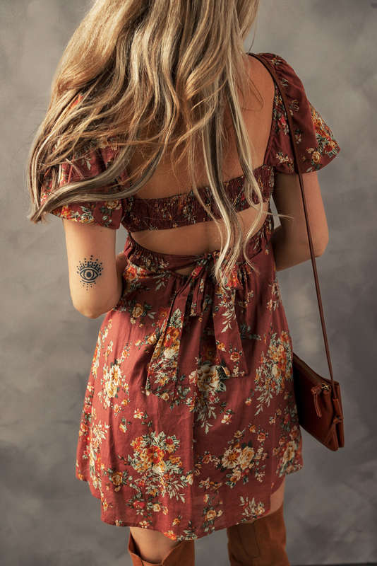 Red Floral Puff Sleeve Square Neck Knot Open Back Mini Dress