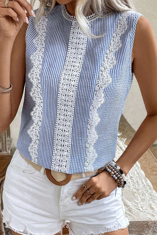 Sky Blue Stripe Lace Patchwork Crew Neck Tank Top