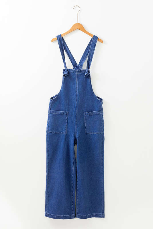 Prussian Blue Mineral Wash Knotted Strap Patched Pocket Wide Leg Denim Overalls
