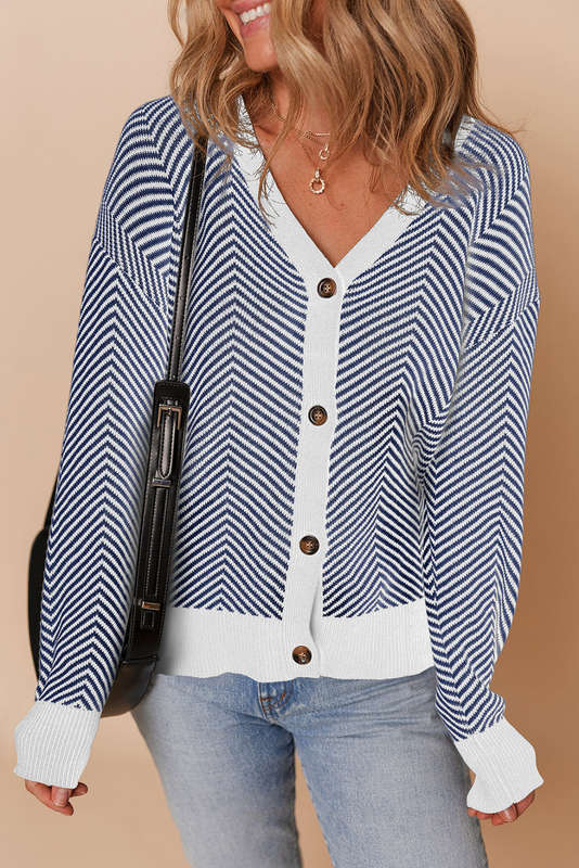 Blue Stripe Buttoned Front V Neck Herringbone Cardigan