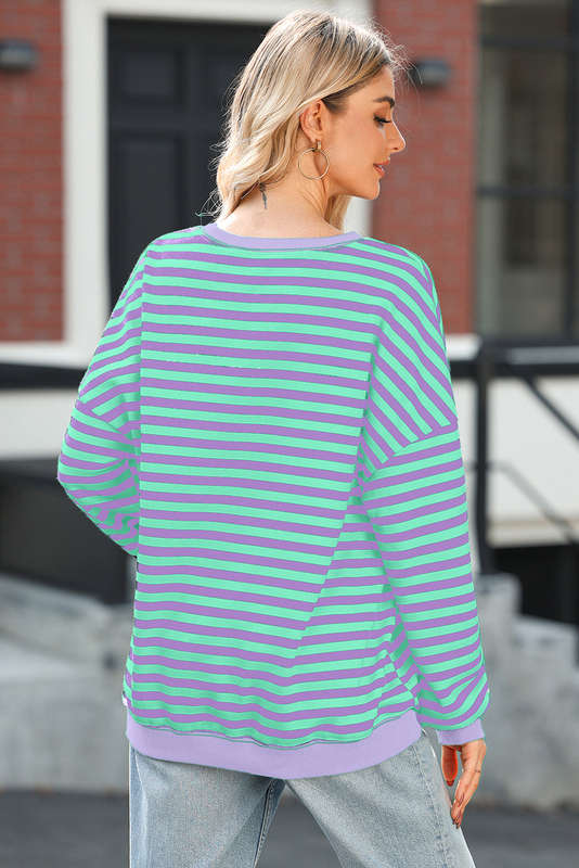 Blue Stripe Contrast Ribbed Trim Crossed Stitch Drop Shoulder Sweatshirt
