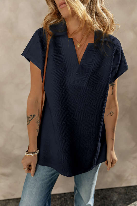 Navy Blue Textured V Neck Collared Short Sleeve Top