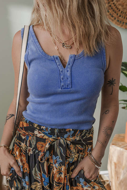 Sky Blue Mineral Wash Ribbed Notch Neck Tank Top