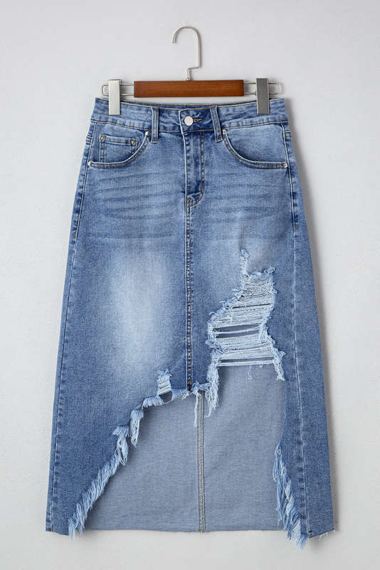 Myosotis Irregular Distressed Bottom Denim Midi Skirt