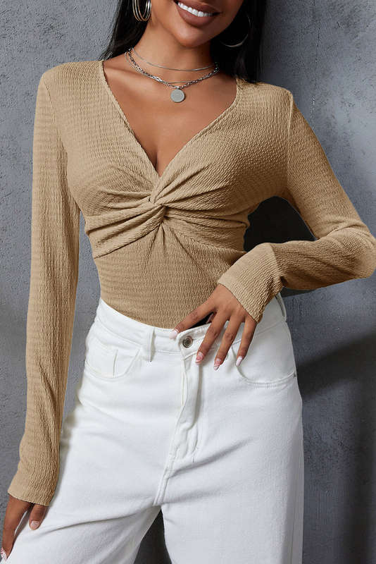 Pale Khaki Textured Twist Front V Neck Long Sleeve Slim Solid Color Top
