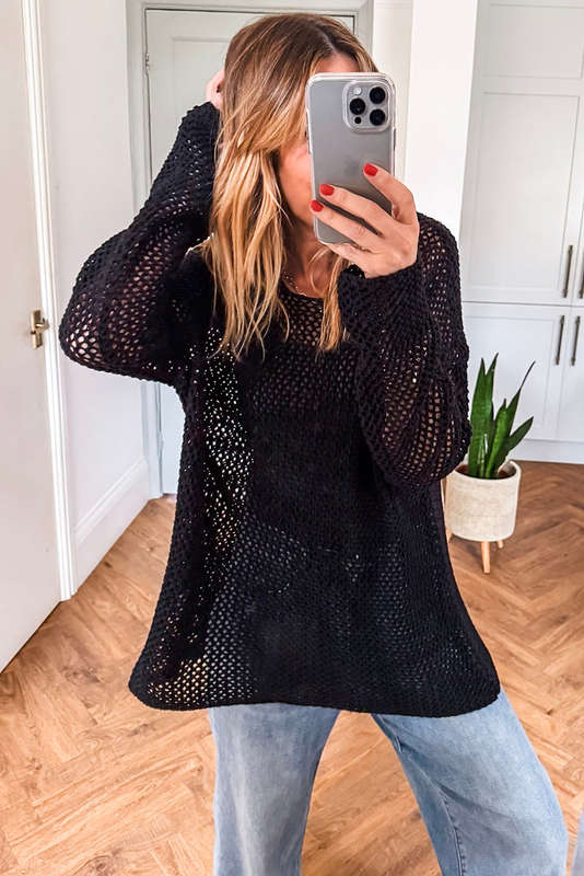 Black Crochet Hollow-out Jumper Top Sweater