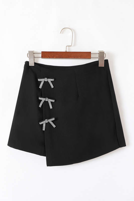 Black Rhinestone Bow Wrap High Waist Mini Skirt